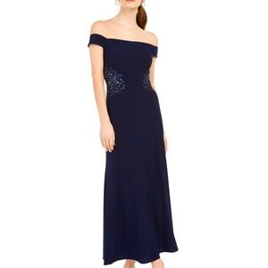 Women’s Formal Dress Size 14 P IGNITE EVENINGS Navy Ruched Off the Shoulder Gown